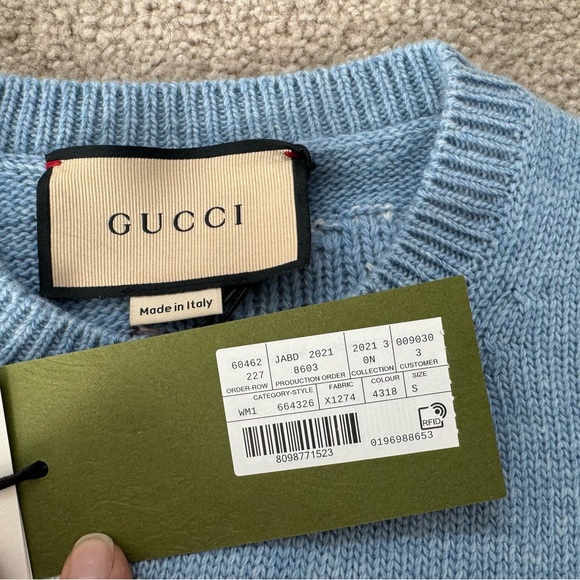 Gucci light blue Intarsia puff sleeve wool sweater - Picture 5 of 10
